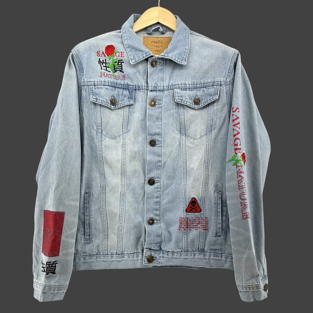 Rue 21 Savage Nature Embroidered Rose Skull Denim Jacket Light Wash Patch SZ L